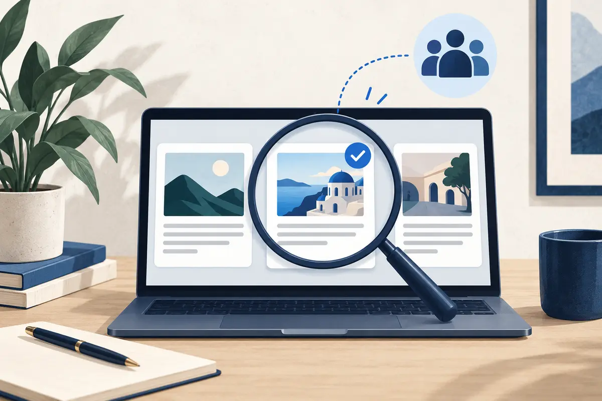 Üç yayın seçeneği arasından büyüteçle incelenen blog ve hedef okuyucu simgesi.