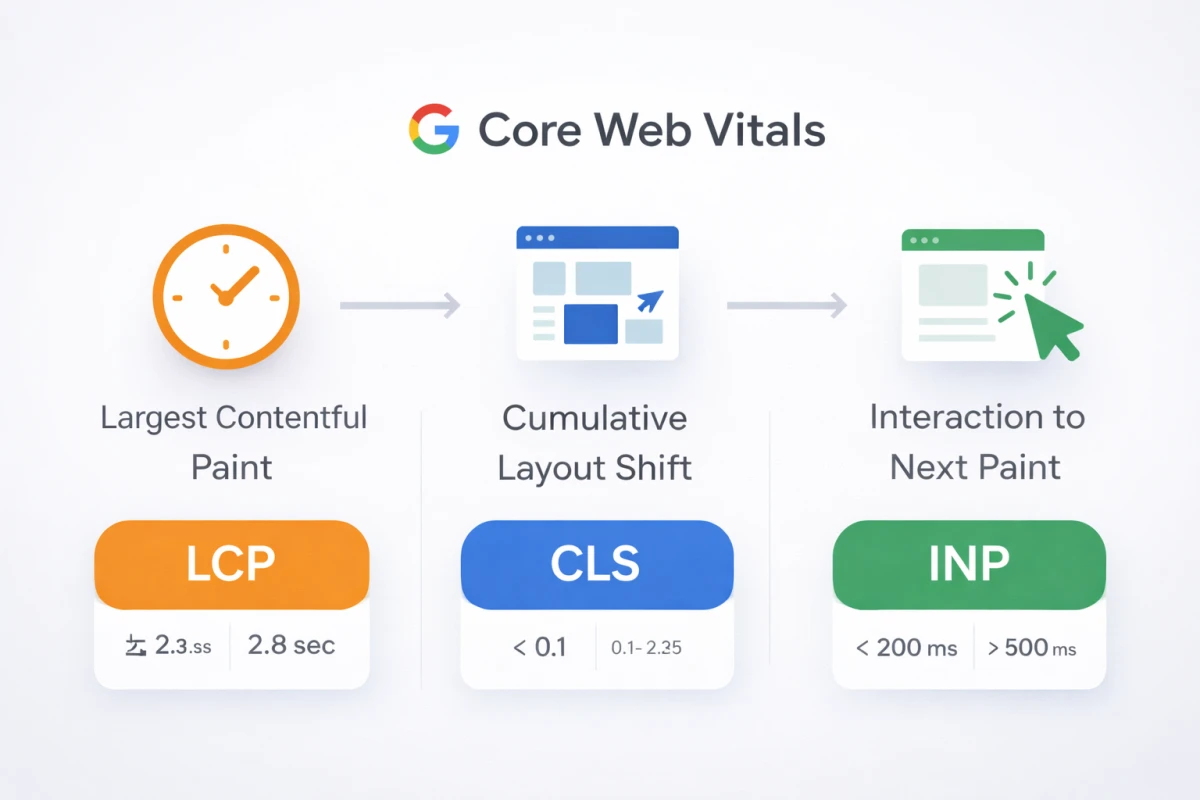 Core Web Vitals metrikleri LCP CLS ve INP infografiği