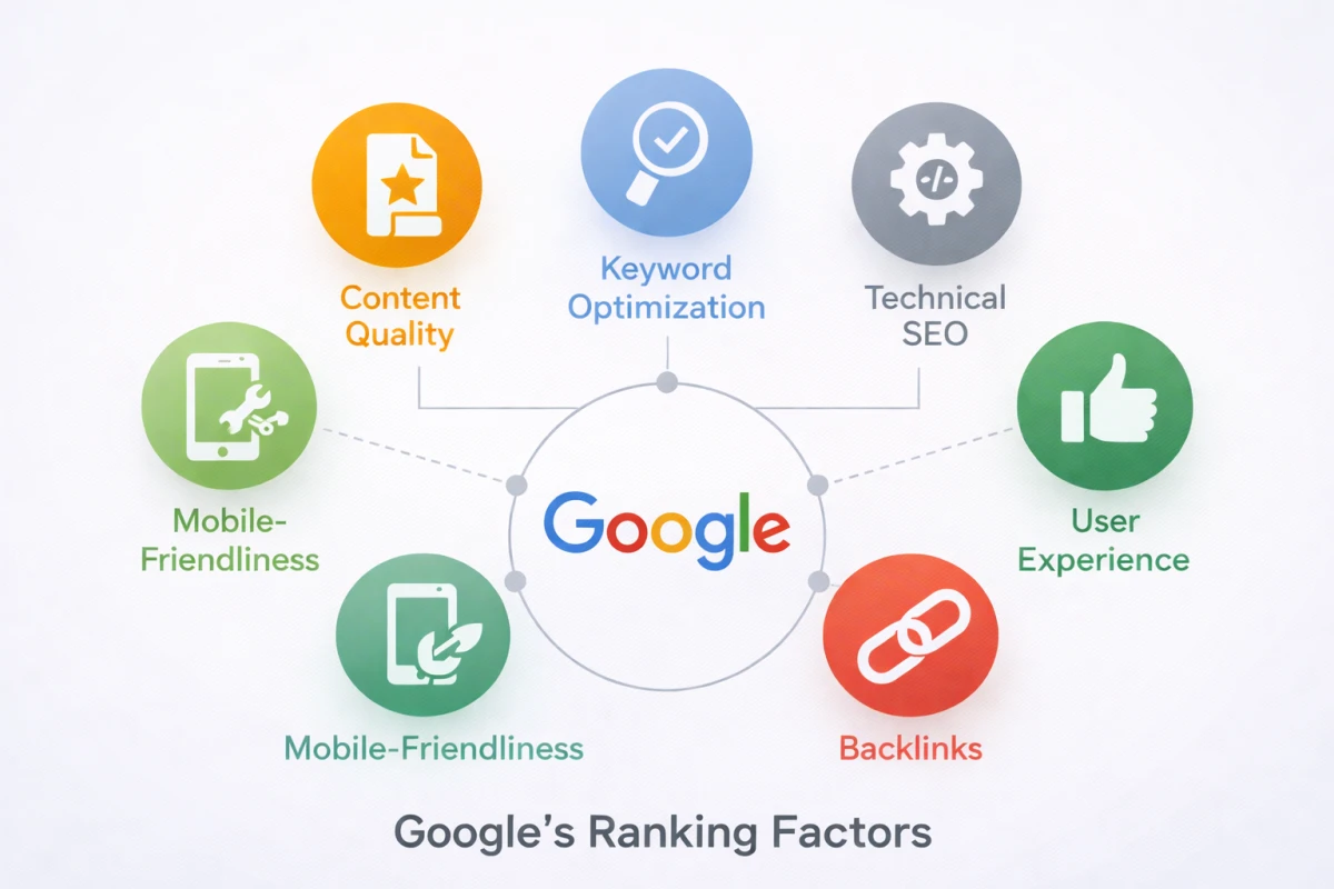 Google SEO değerlendirme sinyallerini gösteren bütüncül infografik