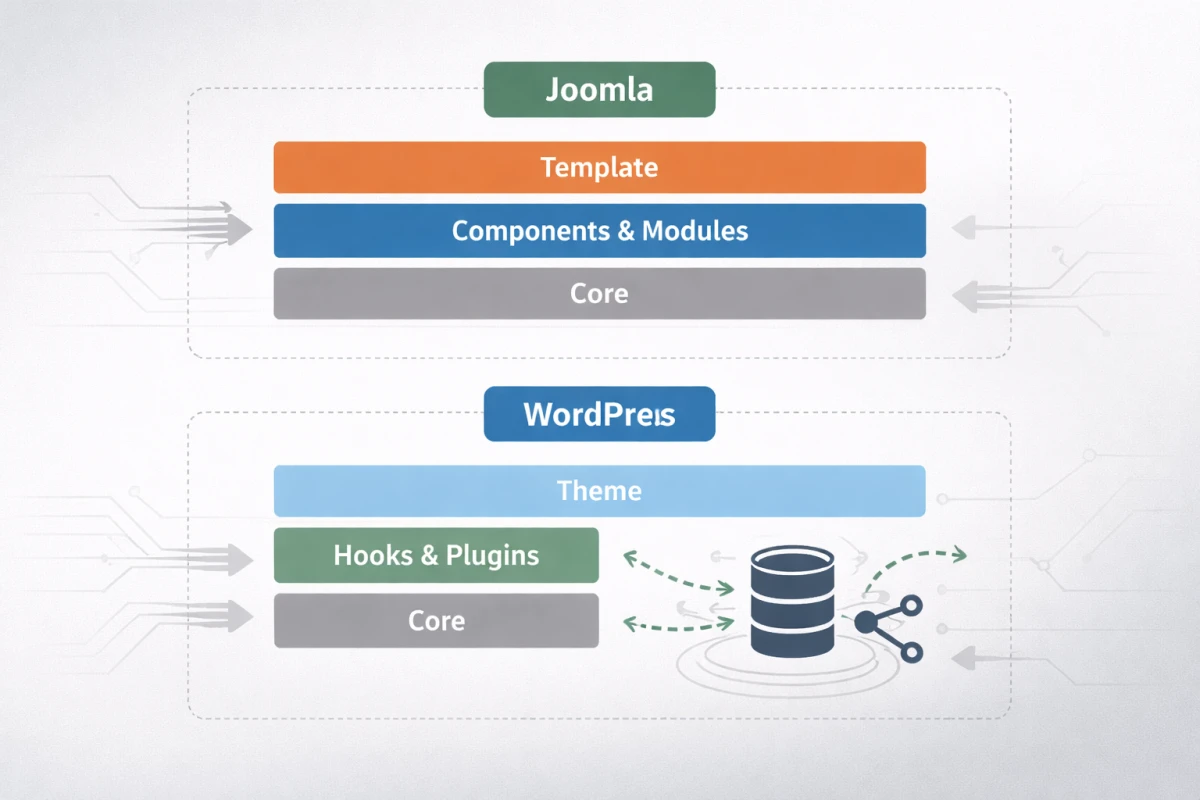 Joomla ve WordPress mimari yapısı: çekirdek, genişleme modeli ve esneklik farkları