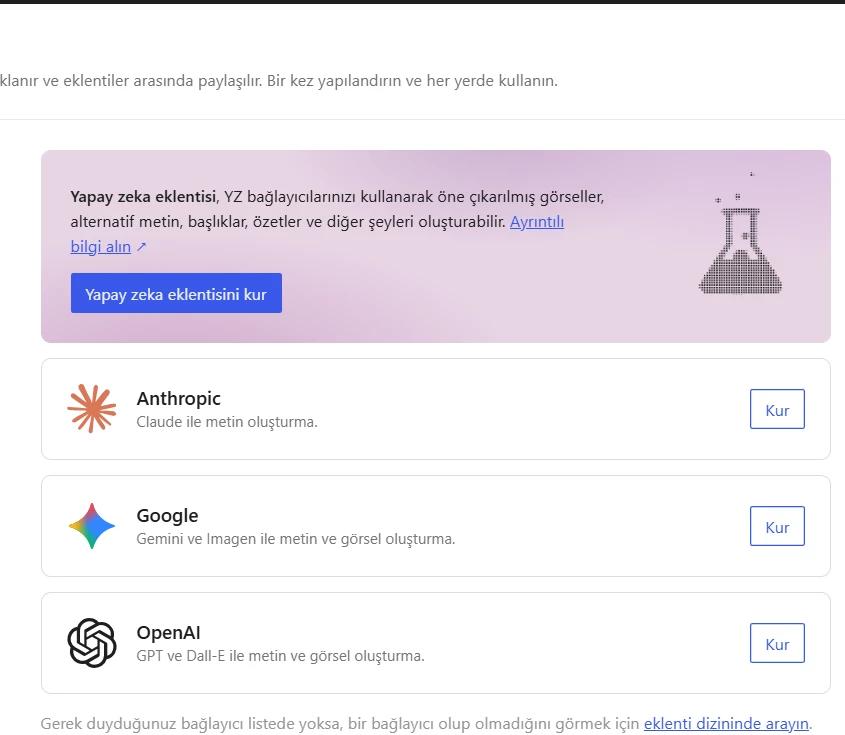 WordPress bağlayıcılar ekranı