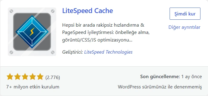WordPress'te LiteSpeed Cache eklentisinin kurulum kartı.