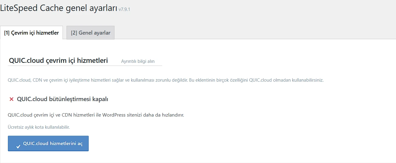 QUIC.cloud hizmetlerini etkinleştirme düğmesi.