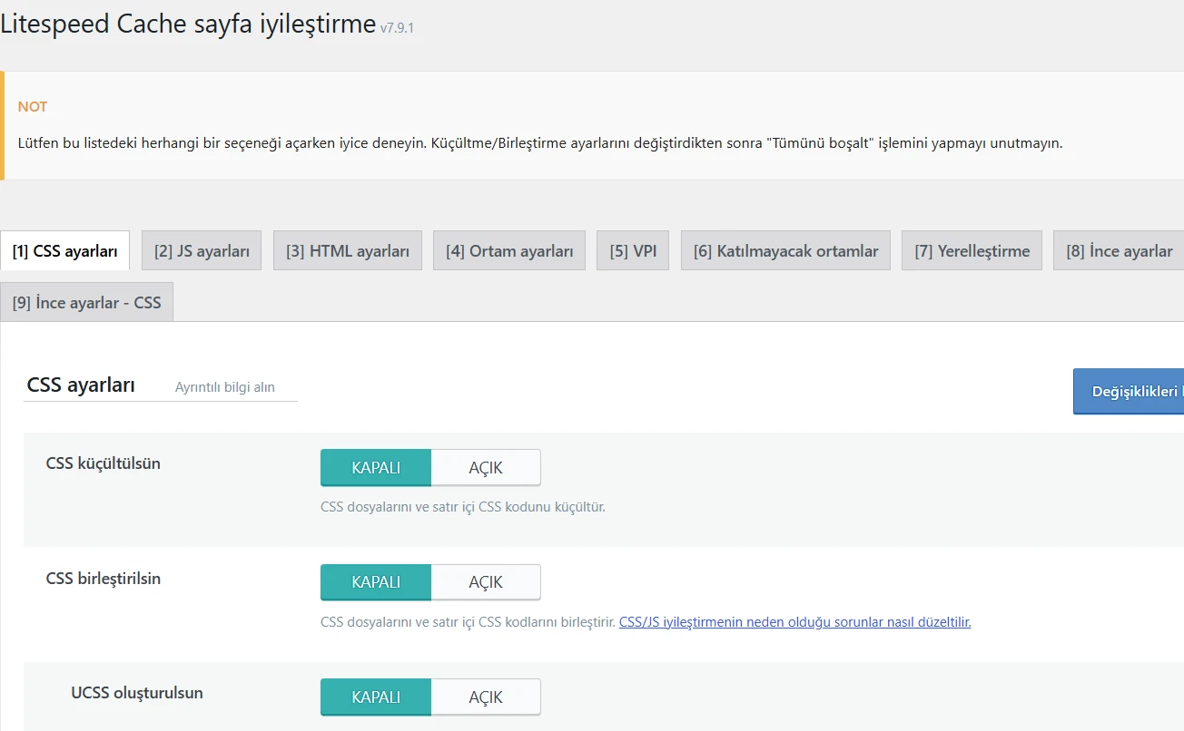 LiteSpeed Cache CSS küçültme, birleştirme ve UCSS ayarları.